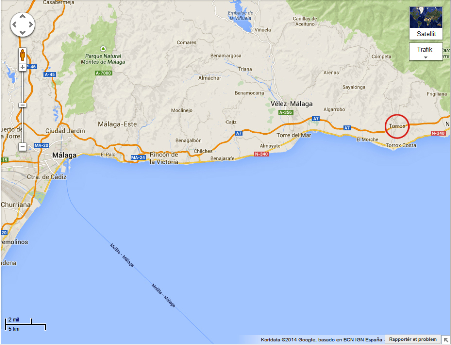 Kort over Sydspanien og Andalusien
